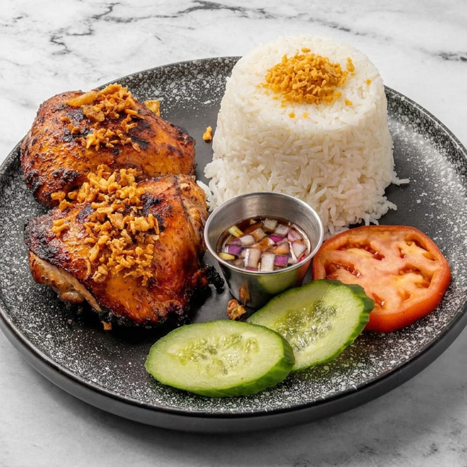 Grilled chicken topped with crispy fried onions, white rice, dipping sauce, cucumber, and tomato on a black plate.