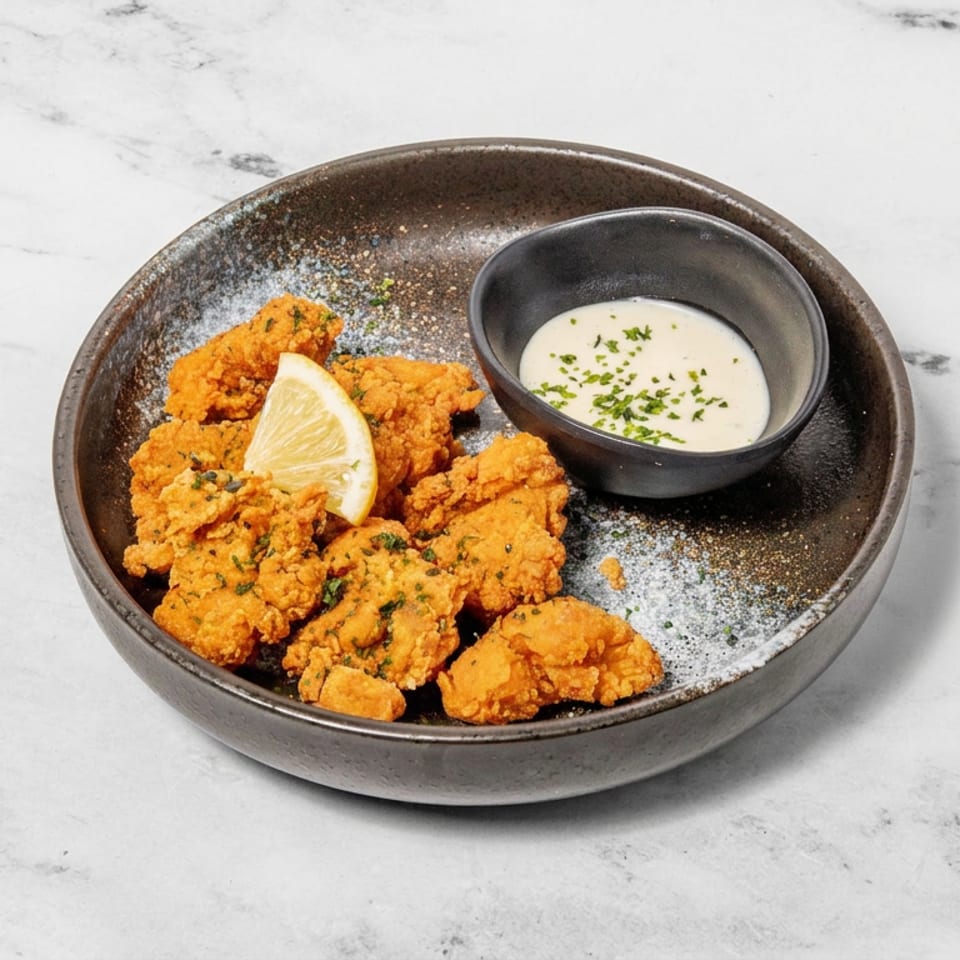 Crispy golden fried bites with a lemon wedge and herb-garnished dipping sauce on a dark ceramic plate.