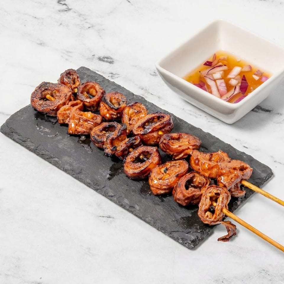 Grilled, skewered seafood arranged on a black slate board with a bowl of pickled onions on a marble table.