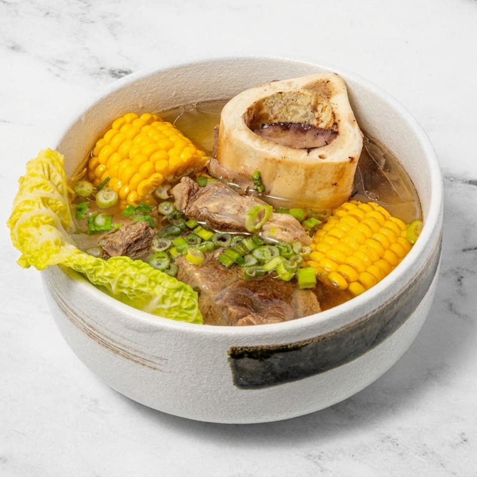 Bowl of savory broth with beef, corn, bone marrow, cabbage, and chopped green onions on a marble surface.